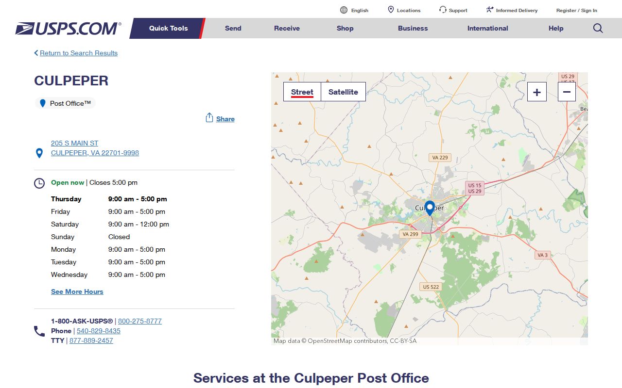 Culpeper ZIP code directory USPS Culpeper Post Office listing