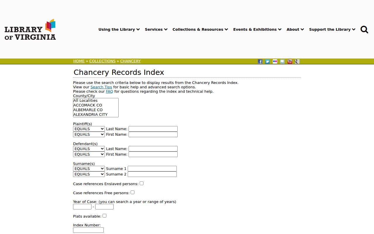 Culpeper previous residents Library of Virginia chancery records index