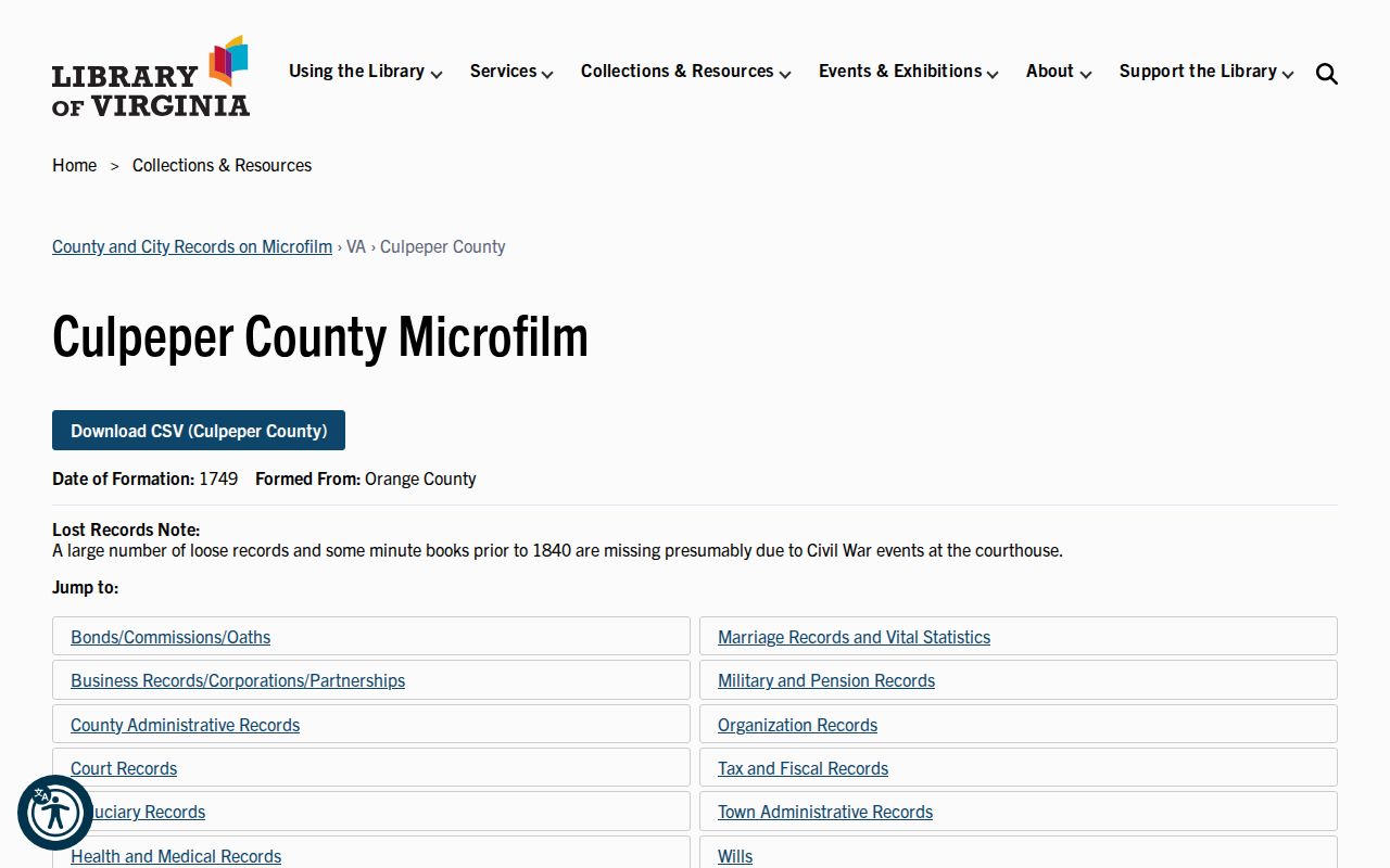 Culpeper previous residents Library of Virginia microfilm catalog