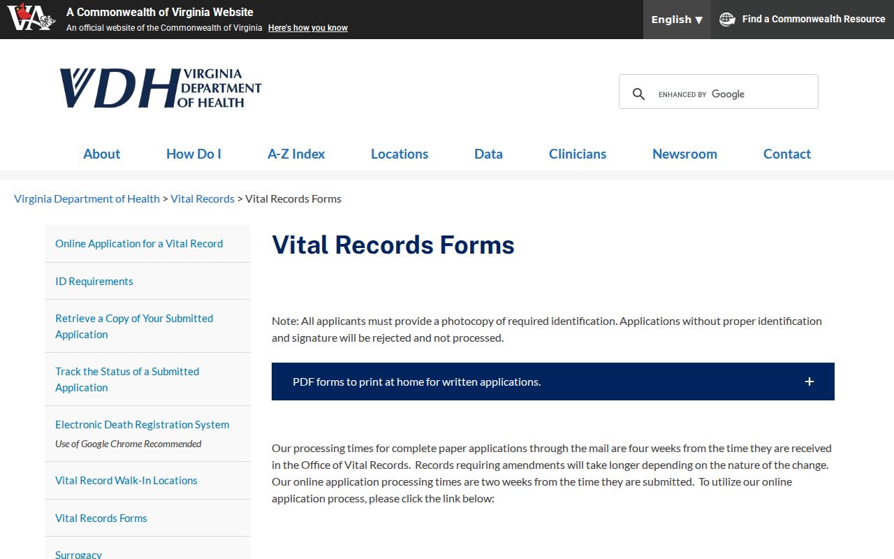 Culpeper resident lookup view of Virginia vital-record forms